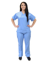 Load image into Gallery viewer, Lizzy-B Collection Women's 6 pocket Fashion Set (Mock wrap top with cargo pant) Light Blue