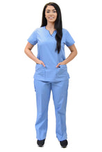 Load image into Gallery viewer, Lizzy-B Collection Women's 6 Pocket Fashion Set (Asiana top with Cargo Pant) Light Blue - Black